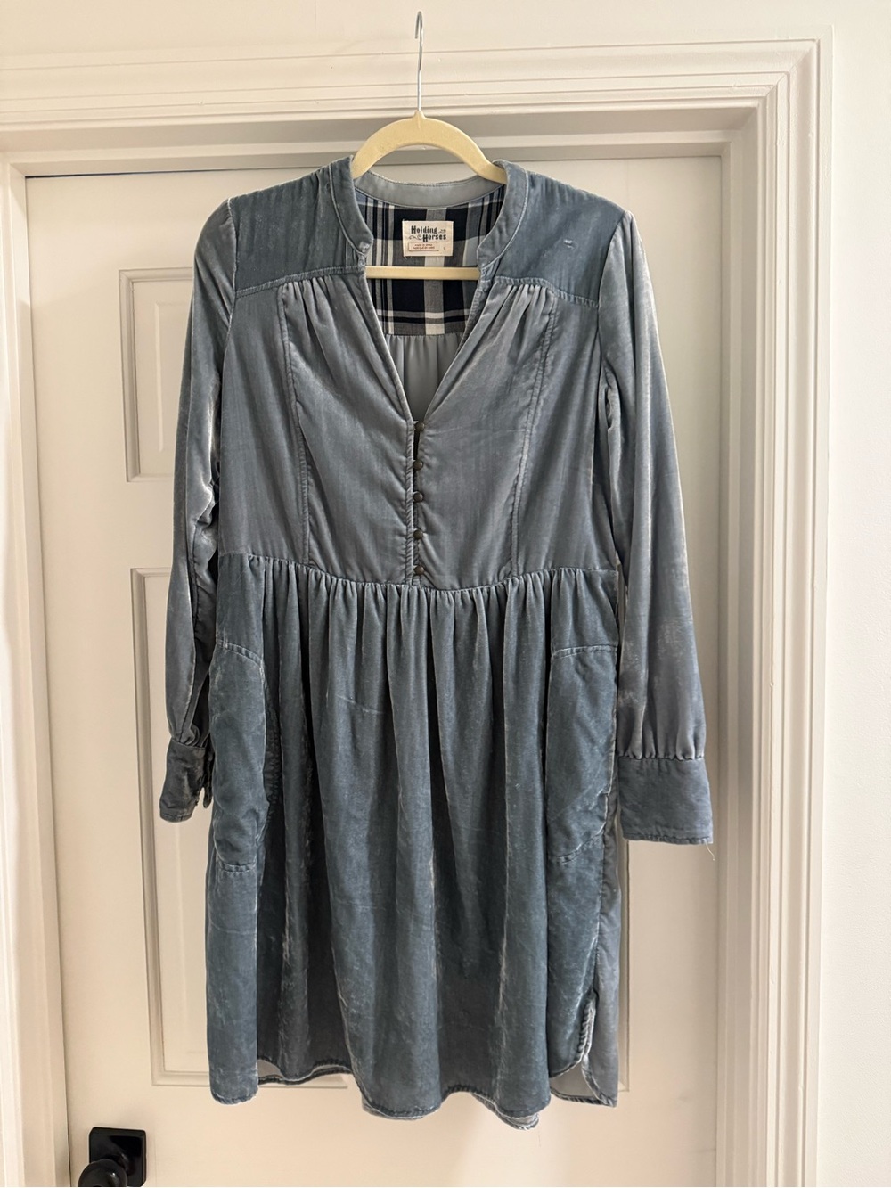 HOLDING HORSES Anthropologie Silver Blue Burnt Velvet Long-Sleeve Button Dress - Picture 6 of 8